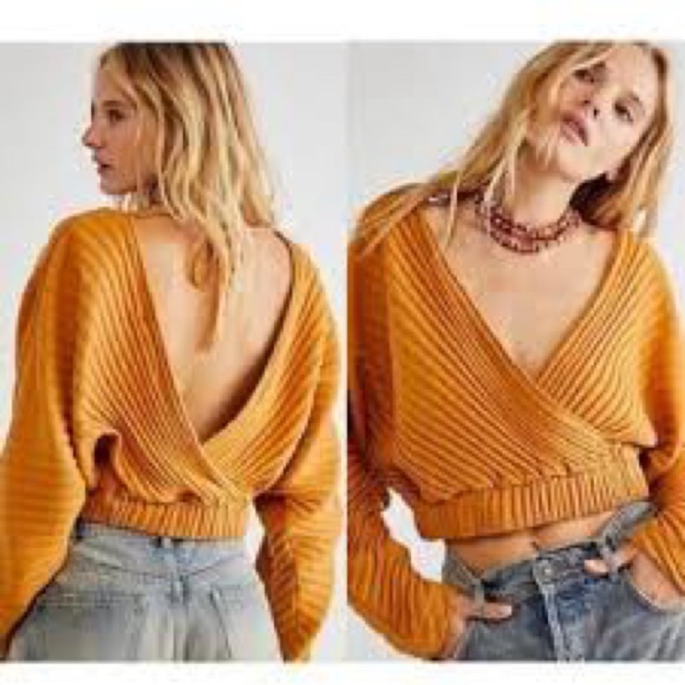 Free People FP Beach Ribbed Wrap Sweater Top Open Back Boho Crop Size M